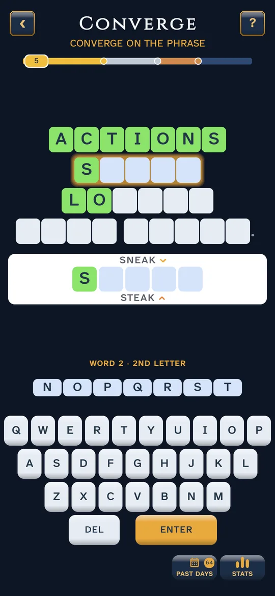 A Word Converge game in progress: ACTIONS solved in green, and the next word narrowed down between SNEAK and STEAK