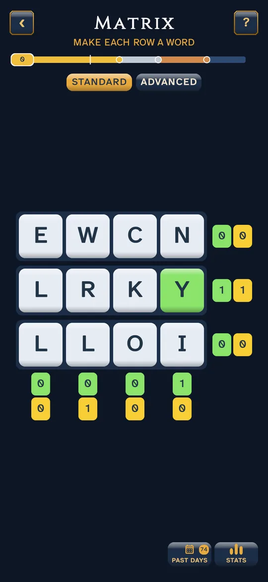 A Word Matrix grid of scrambled letters with green and yellow counts beside each row and under each column